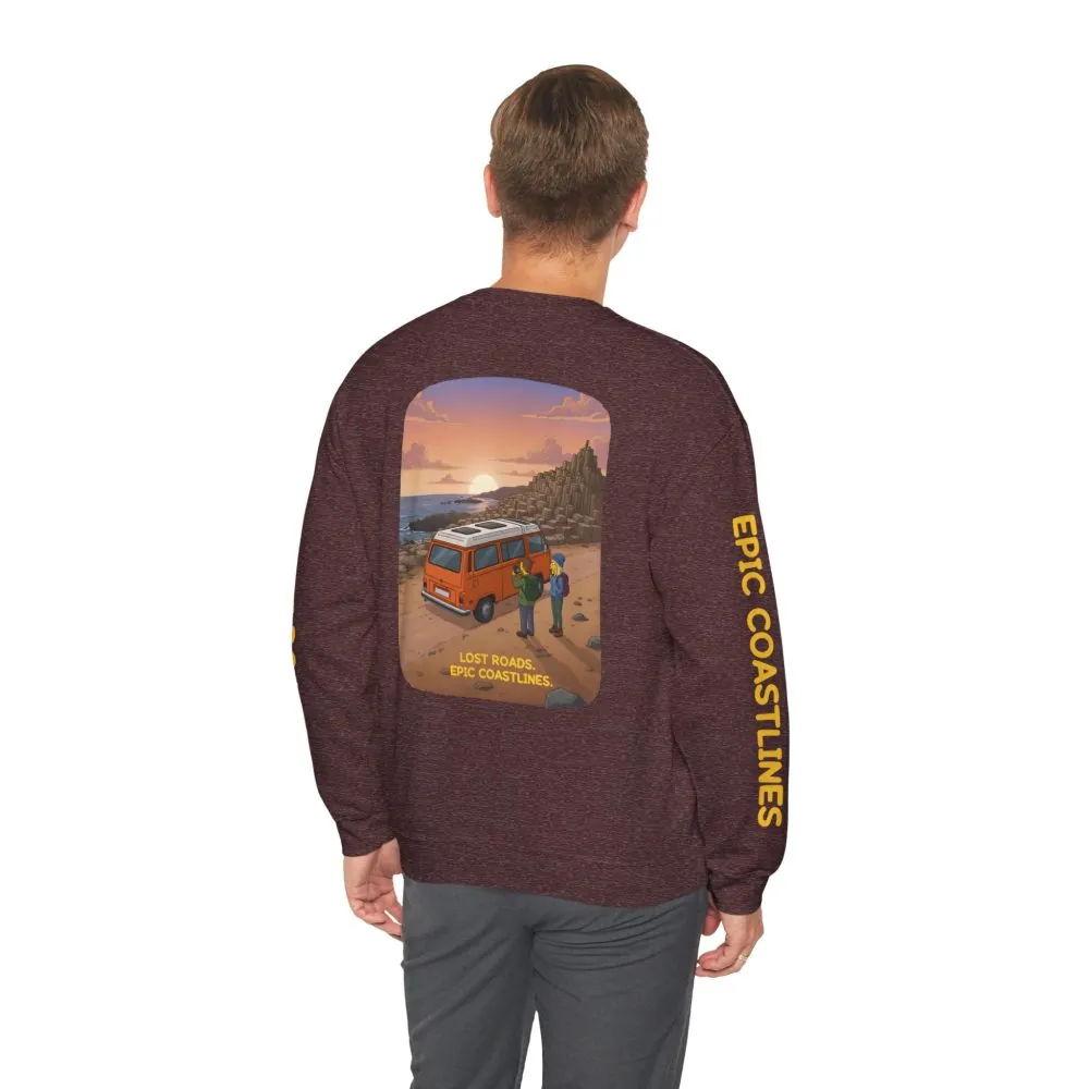Unisex Heavy Blend™ Crewneck Sweatshirt — "Lost Roads Epic Coastlines" Design Sitcom-Line