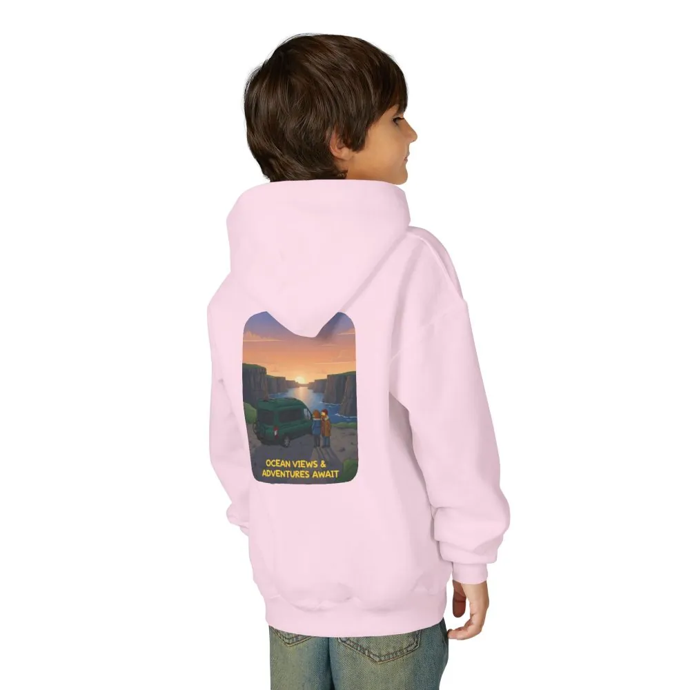 Youth Hoodie(Gildan) – "Ocean Views-Adventures Awaits" (Design Sitcom-Line)