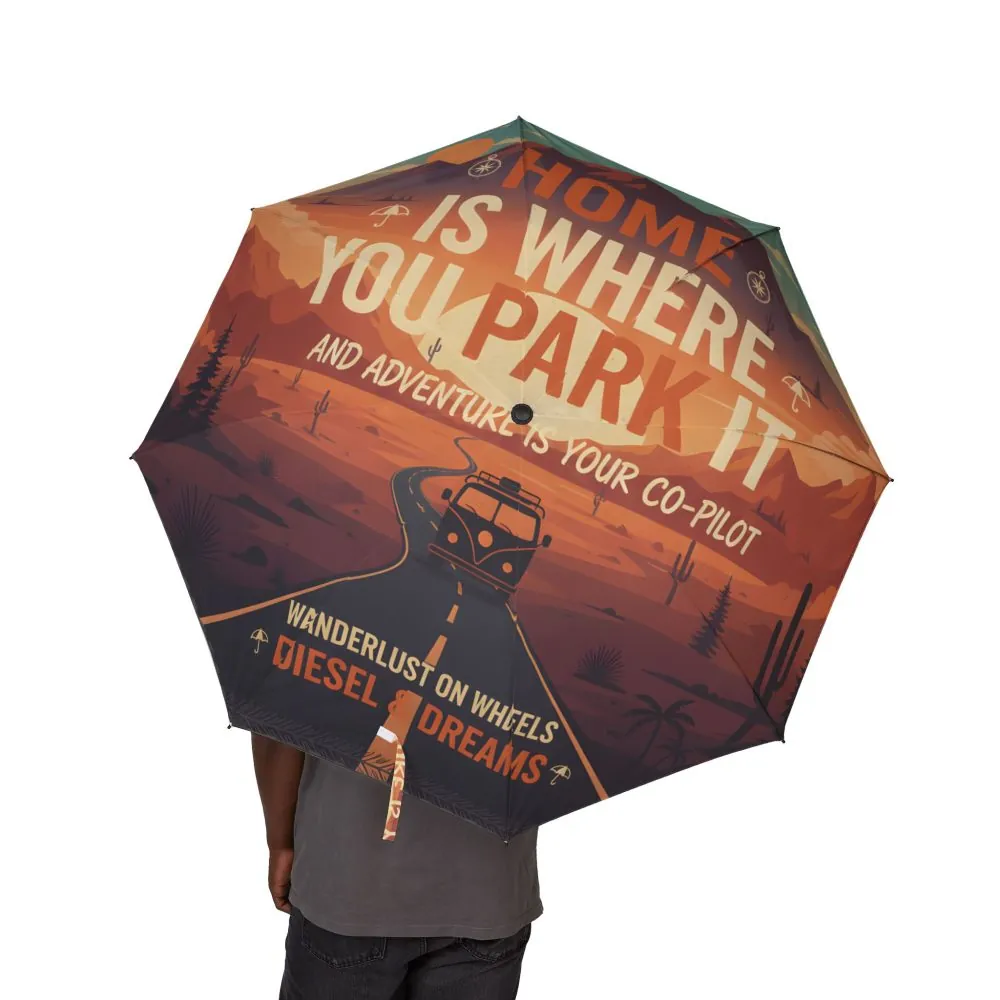 Semi-Automatic Foldable Umbrella — "Home Is Where Your Park It" Vintage Adventure Print