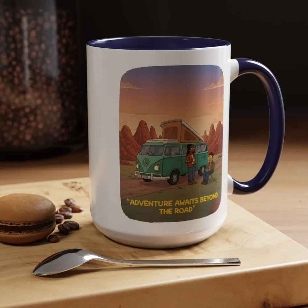 Accent Coffee Mug (11, 15oz) — "Adventure Awaits Beyond The Road" Design Sitcom-Line