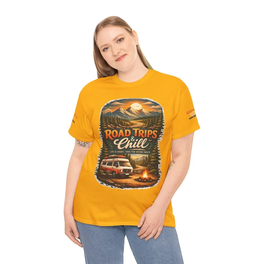 Unisex Heavy Cotton Tee — "Road Trips & Chill" Design Scenic-Line
