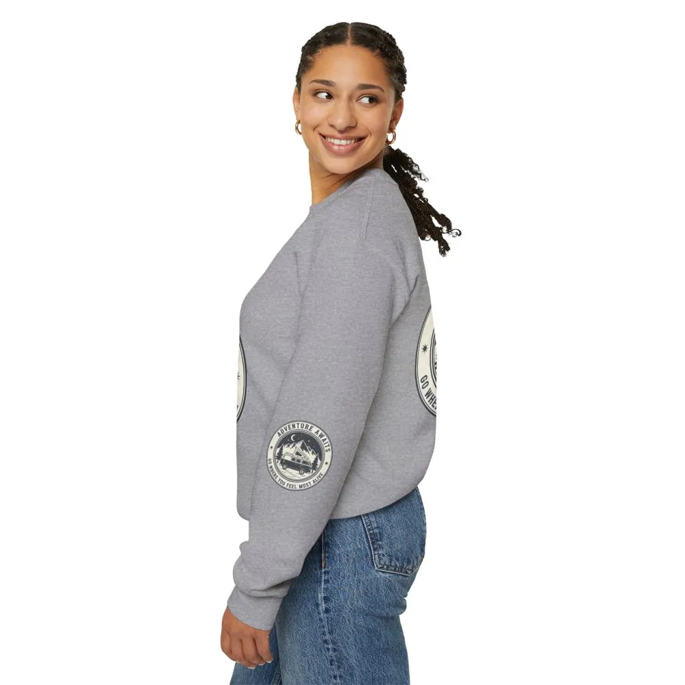 Crewneck Sweatshirt — "Adventure Awaits-Go Where You Feel Most Alive" (Font + Back + Sleaves printed) Vintage Camper Van Outdoor Graphic