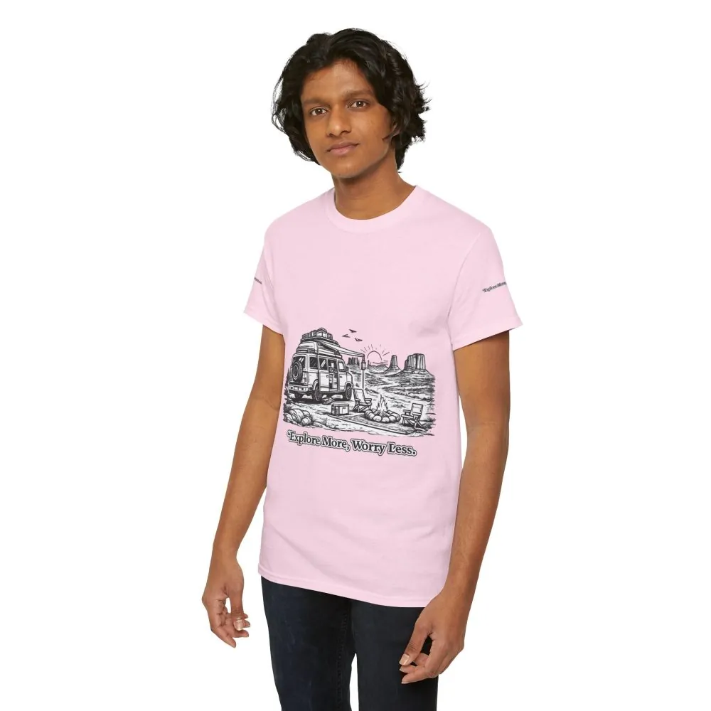 Unisex Heavy Cotton Tee — "Explore More Worry Less" Design Minimal-Line