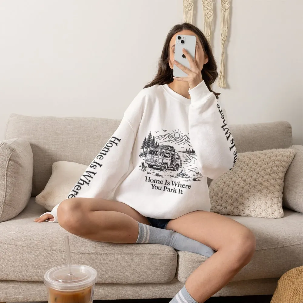 2788255333186150946_2048.jpeg Unisex Heavy Blend™ Crewneck Sweatshirt — "Home Is Where You Park It" Design Minimal-Line