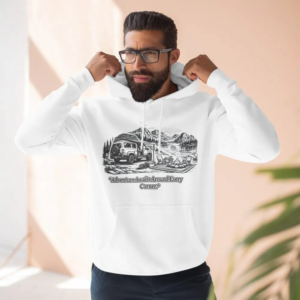 2809134629275292159_2048.jpeg Three-Panel Fleece Hoodie - "Adventure Awaits Around Every Corner" Design Minimal-Line