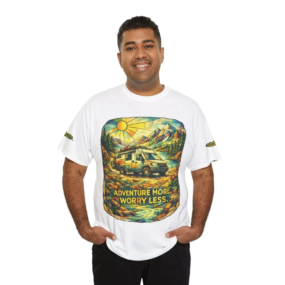 Unisex Heavy Cotton Tee — "Adventure More Worry Less" Design Cubic-Line