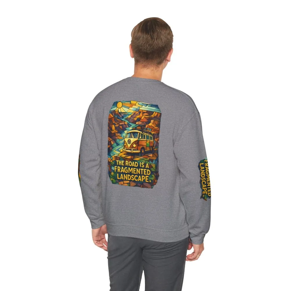 Unisex Heavy Blend™ Crewneck Sweatshirt — "The Road Is A Fragmented Landscape" Design Cubic-Line