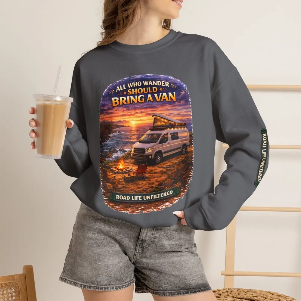 2848413900436157378_2048.jpeg Unisex Heavy Blend™ Crewneck Sweatshirt — "All Who wander Should Bring A Van" Design Scenic-Line