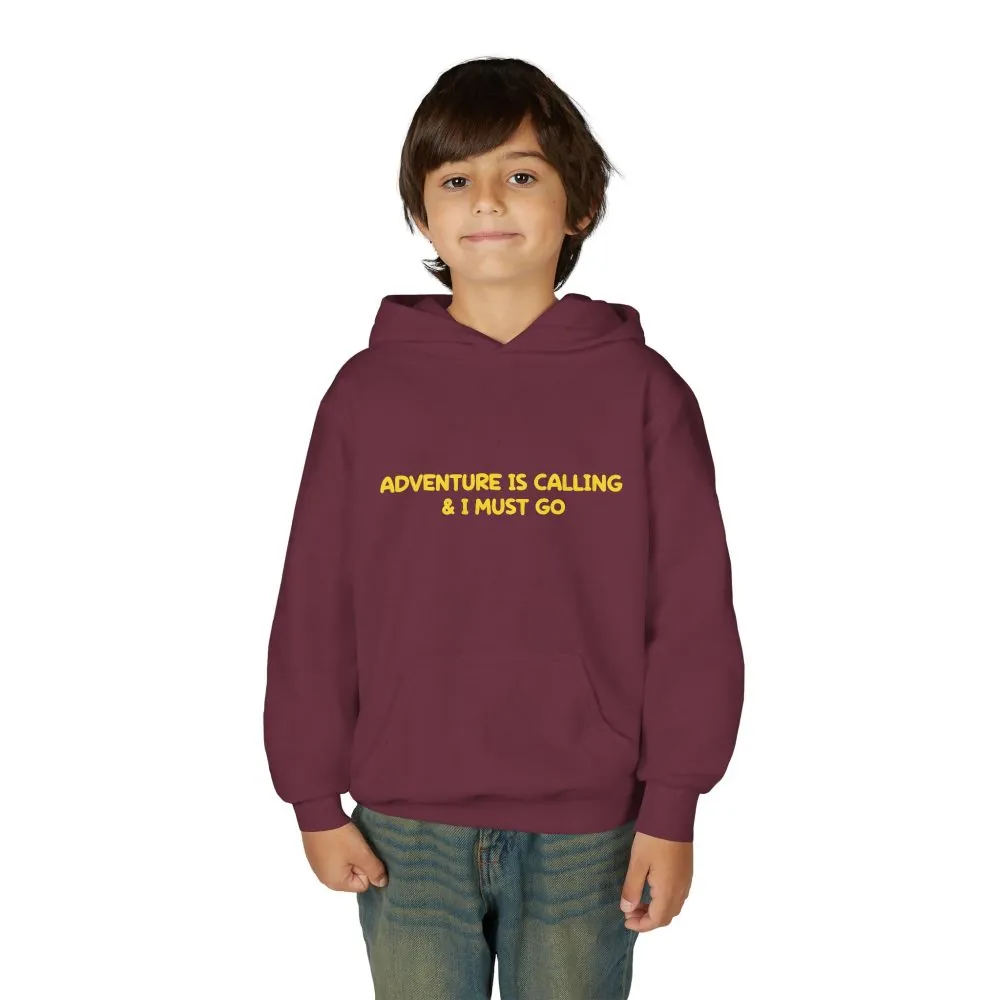Youth Hoodie(Gildan) – "Adventure Is Calling-I Must Go" (Design Sitcom-Line)