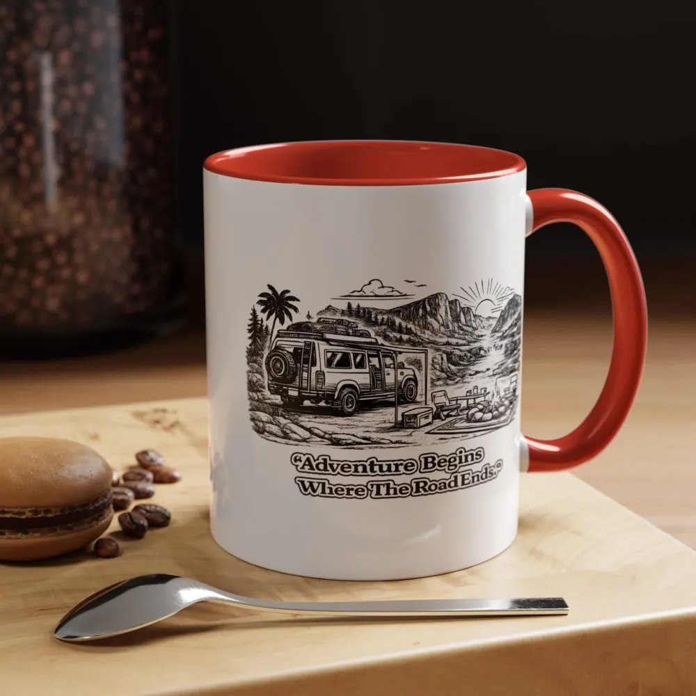 Accent Coffee Mug (11, 15oz) — "Adventure Begins Where The Road Ends" Design Minimal-Line