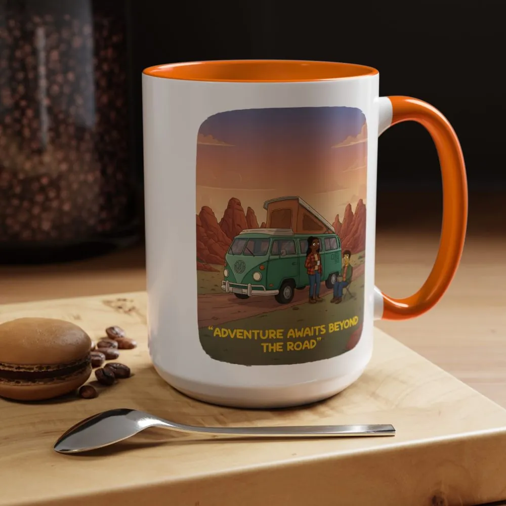 Accent Coffee Mug (11, 15oz) — "Adventure Awaits Beyond The Road" Design Sitcom-Line