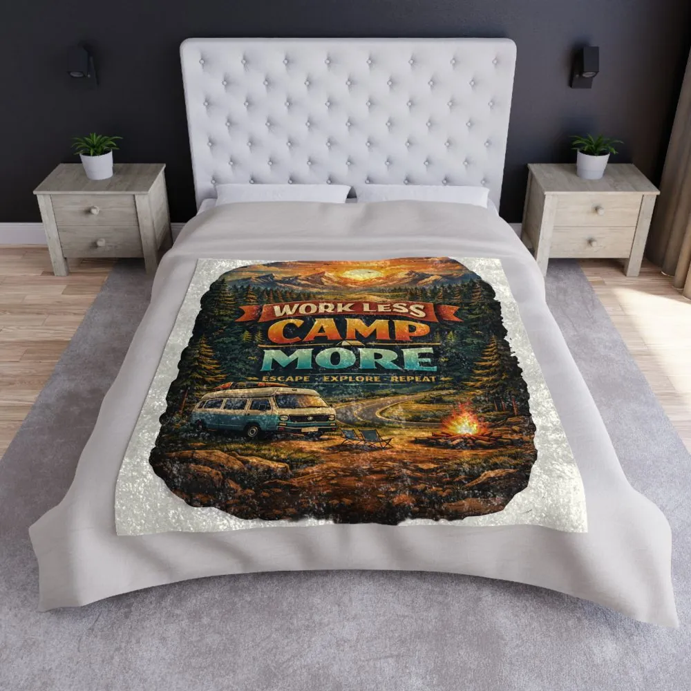 Crushed Velvet Blanket —"Work Less-Camp More" Design Scenic-Line (Campervan)