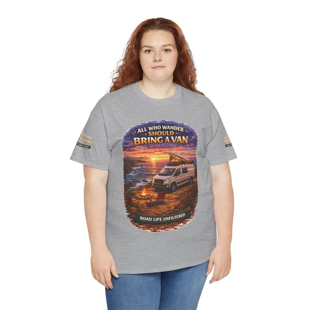 Unisex Heavy Cotton Tee — "All Who wander Should Bring A Van" Design Scenic-Line