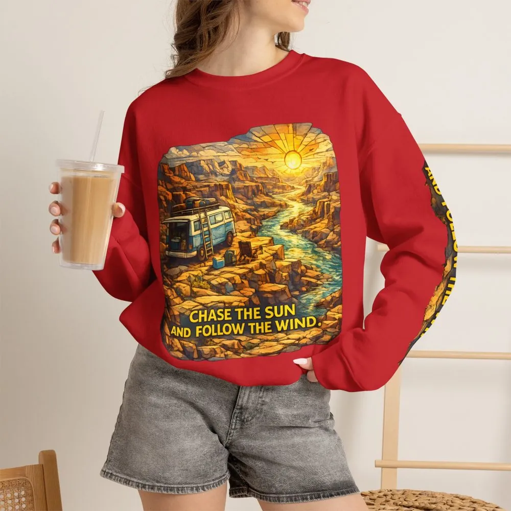 Unisex Heavy Blend™ Crewneck Sweatshirt — "Chase The Sun And Follow The Wind" Design Cubic-Line