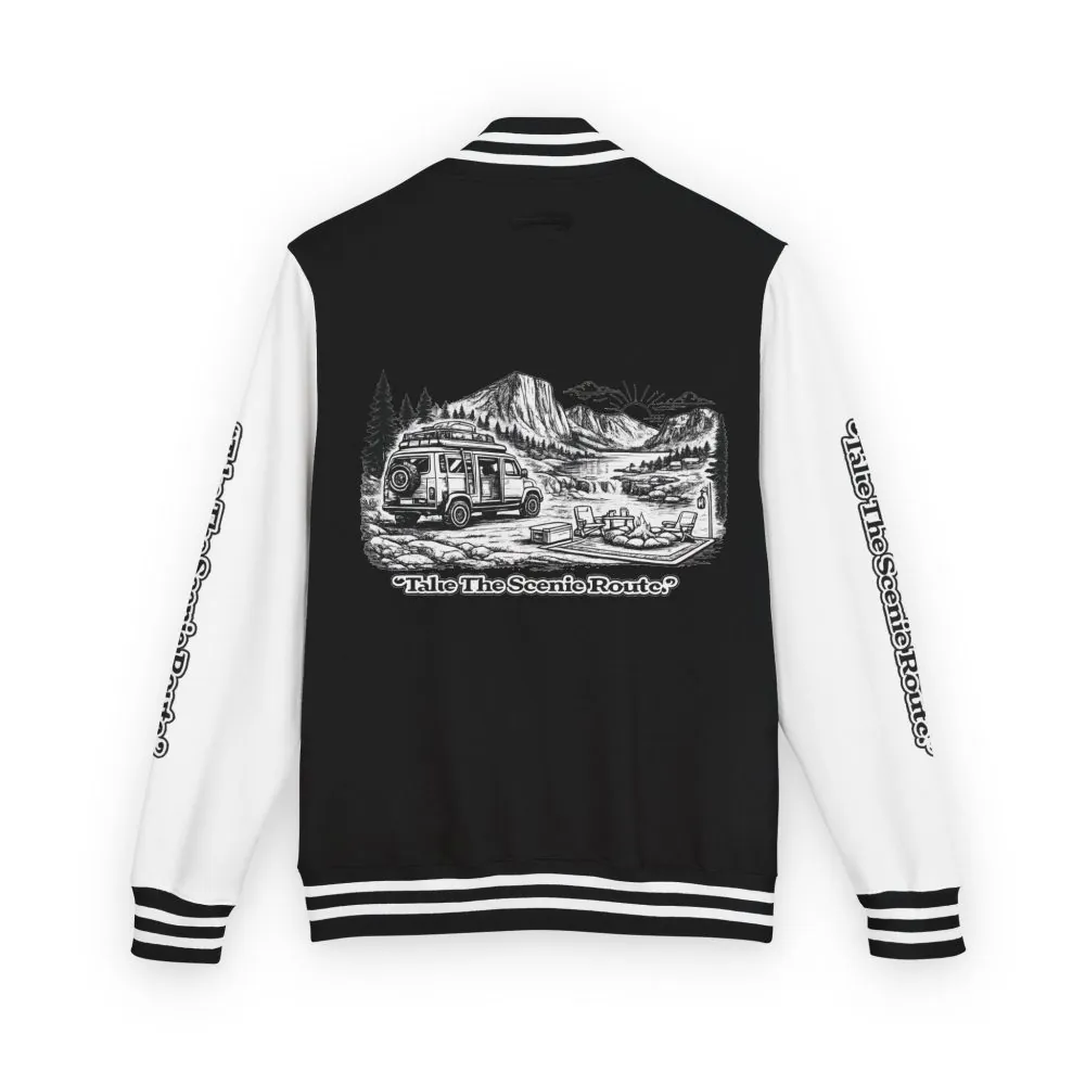 Unisex Heavyweight Letterman Jacket — "Take The Scenic Route" Travel Varsity Coat
