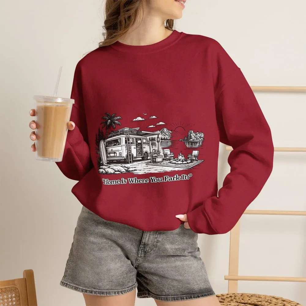 Unisex Heavy Blend™ Crewneck Sweatshirt — "Home Is Where You Park It" Design Minimal-Line