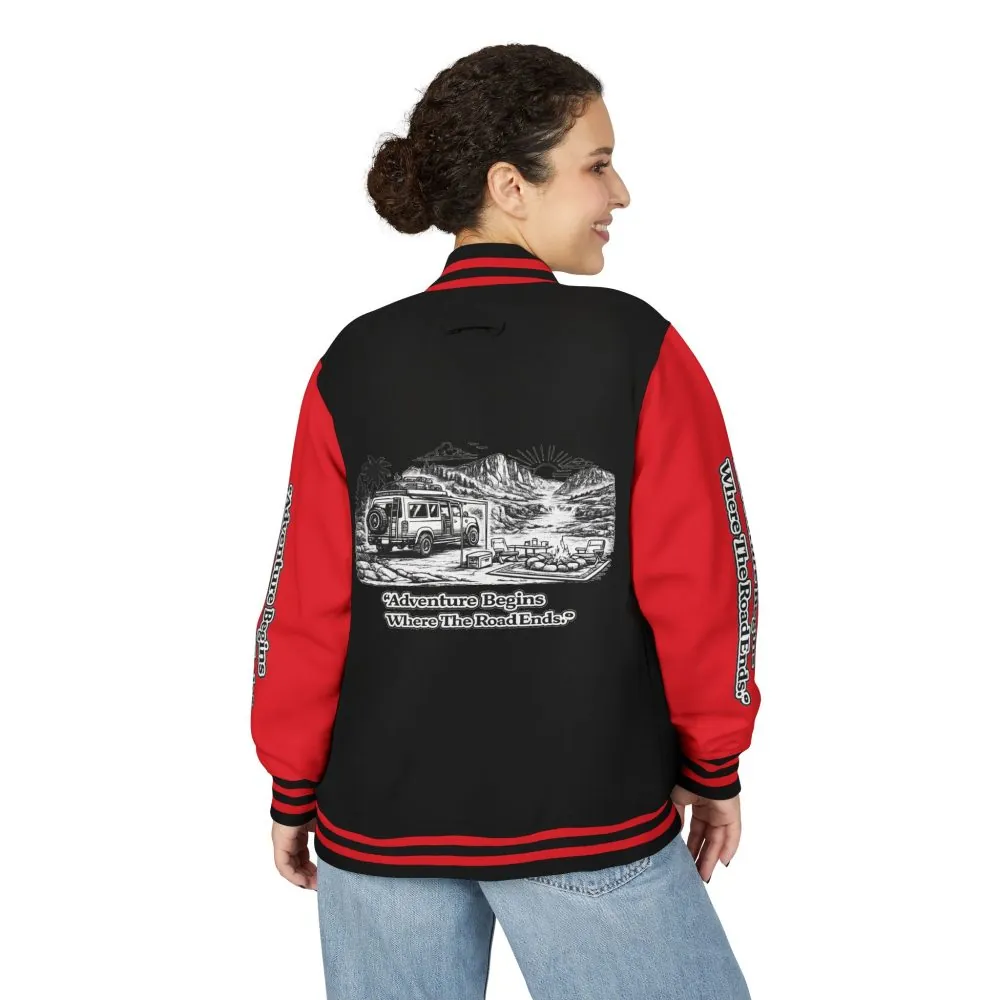 Unisex Heavyweight Letterman Jacket — "Adventure Begins Where The Road Ends" Travel Varsity Coat