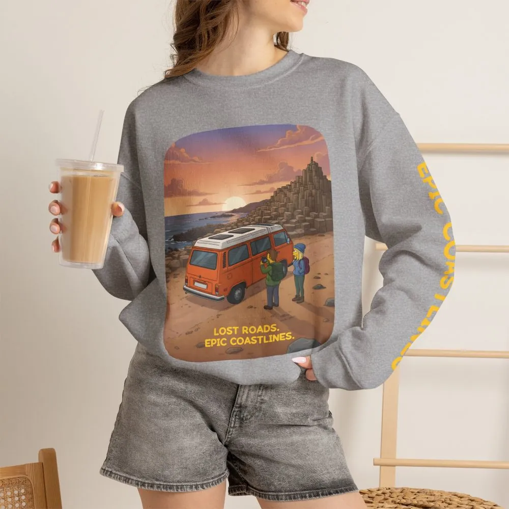 Unisex Heavy Blend™ Crewneck Sweatshirt — "Lost Roads Epic Coastlines" Design Sitcom-Line