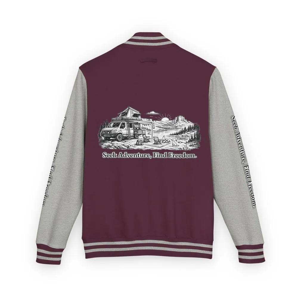 2924676022355280747_2048.jpeg Unisex Heavyweight Letterman Jacket — "Seek Adventure, Find Freedom" Travel Varsity Coat