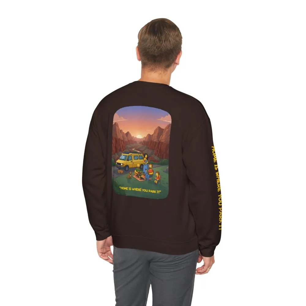 Unisex Heavy Blend™ Crewneck Sweatshirt — "Home Is Where You Park It" Design Sitcom-Line
