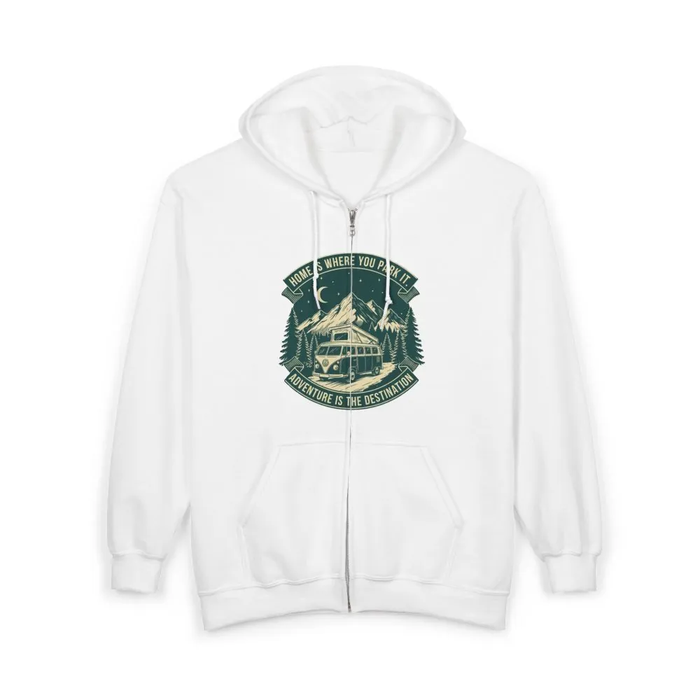 2932974199603971415_2048.jpeg Zip Hoodie — "Home Is Where You Park It-Adventure is the destination"(Front + Back Printed) Camper Van Adventure Zip-Up