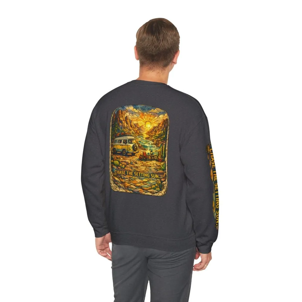 Unisex Heavy Blend™ Crewneck Sweatshirt — "Chase The Settings Sun" Design Cubic-Line