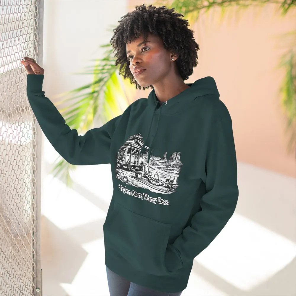 Three-Panel Fleece Hoodie - "Explore More Worry Less" Design Minimal-Line