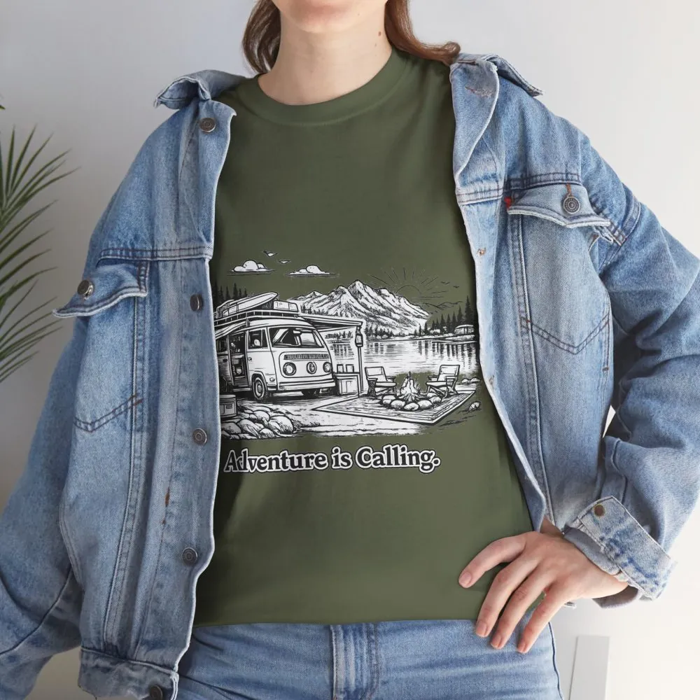 Unisex Heavy Cotton Tee — "Adventure Is Calling" Design Minimal-Line