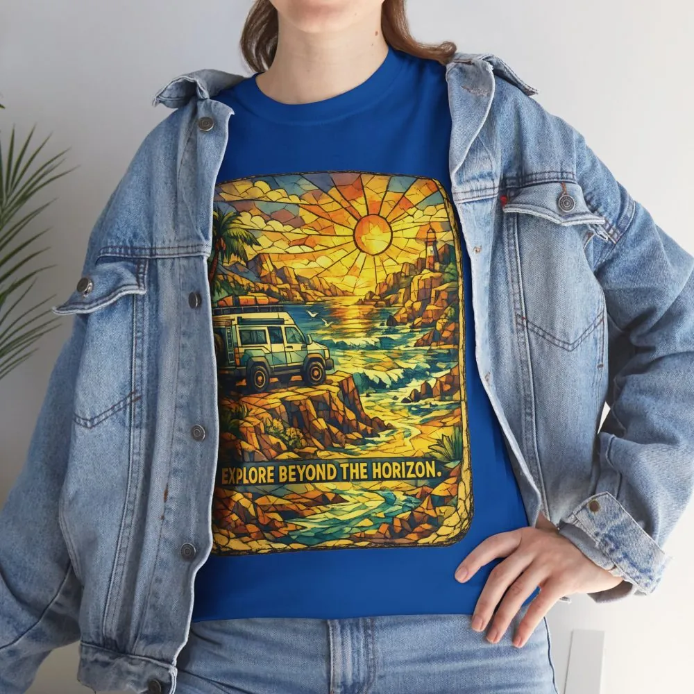 Unisex Heavy Cotton Tee — "Explore Beyond The Horizon" Design Cubic-Line