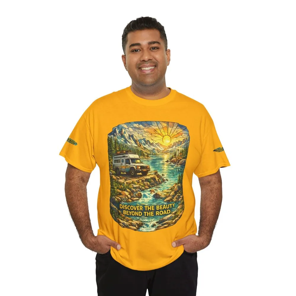 Unisex Heavy Cotton Tee — "Discover The Bieuty Beyond The Road" Design Cubic-Line
