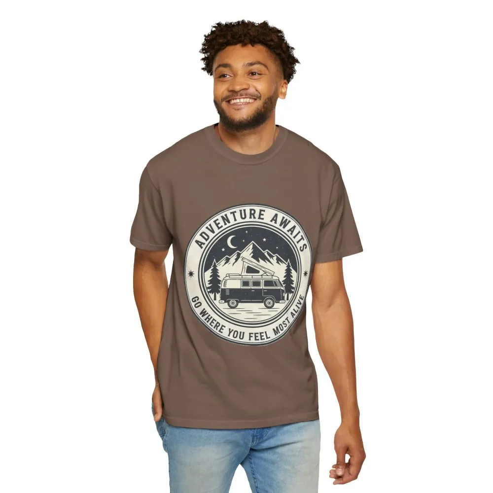 T-Shirt — "Adventure Awaits-Go Where You Feel Most Alive" (Front + Back Printed) Outdoor Travel Tee