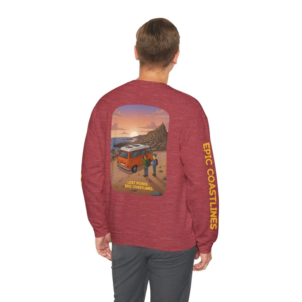 Unisex Heavy Blend™ Crewneck Sweatshirt — "Lost Roads Epic Coastlines" Design Sitcom-Line