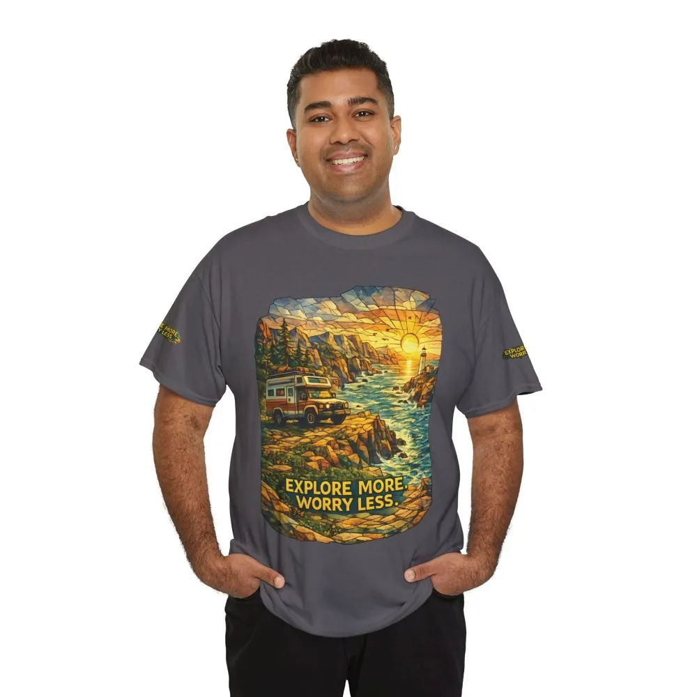 2980940812521657478_2048.jpeg Unisex Heavy Cotton Tee — "Explore More Worry Less" Design Cubic-Line