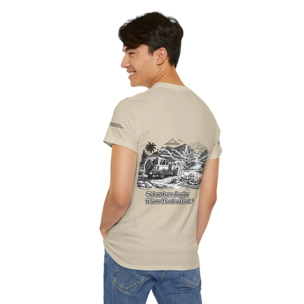 Unisex Heavy Cotton Tee — "Adventure Begins Where The Road Ends" Design Minimal-Line