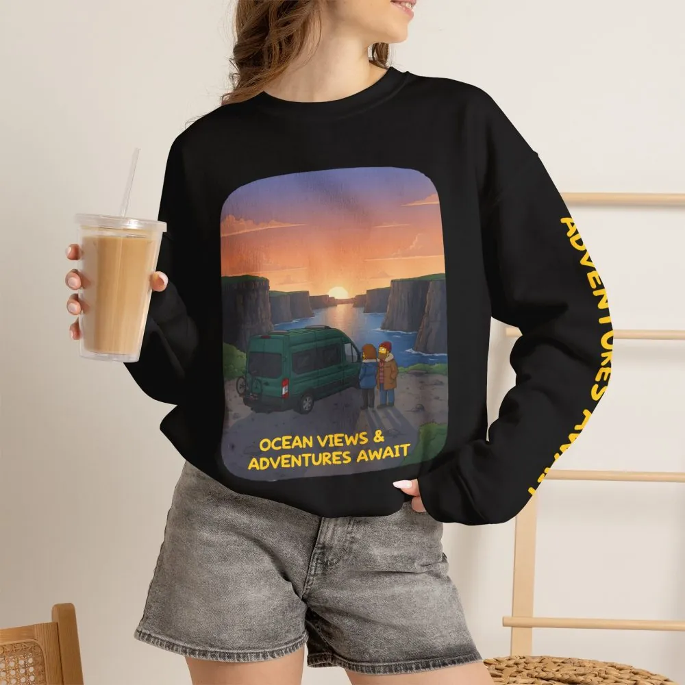 Unisex Heavy Blend™ Crewneck Sweatshirt — "Ocean Views-Adventures Awaits" Design Sitcom-Line