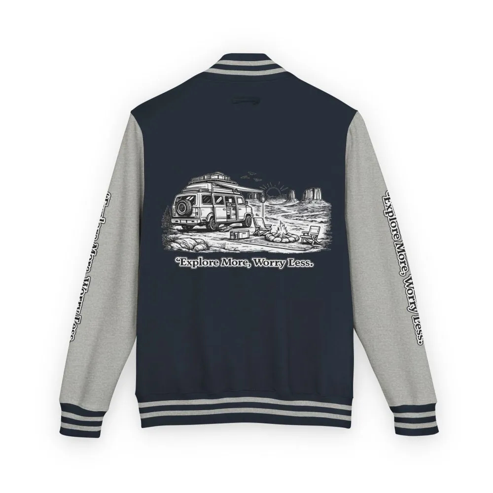 Unisex Heavyweight Letterman Jacket — "Explore More Worry Less" Travel Varsity Coat