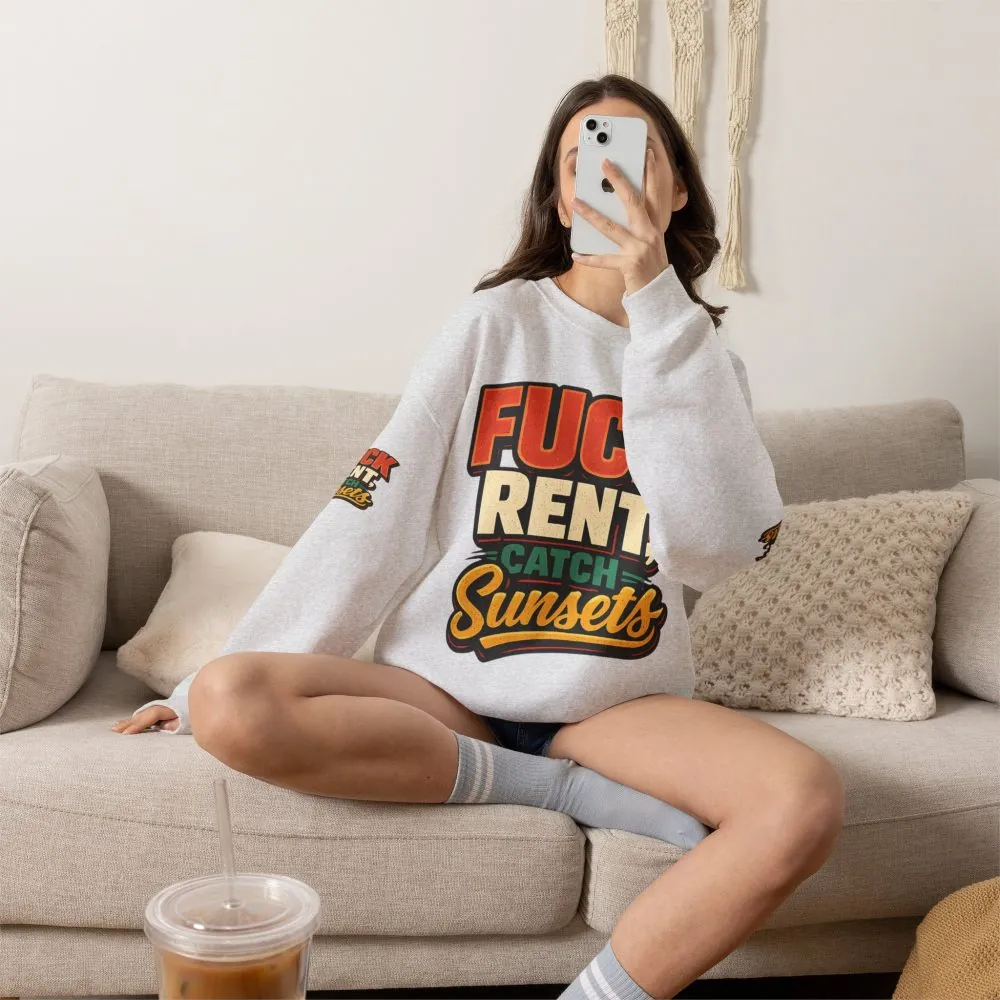 Unisex Heavy Blend™ Crewneck Sweatshirt — "Fuck Rent Catch Sunsets" Design F**K-Line
