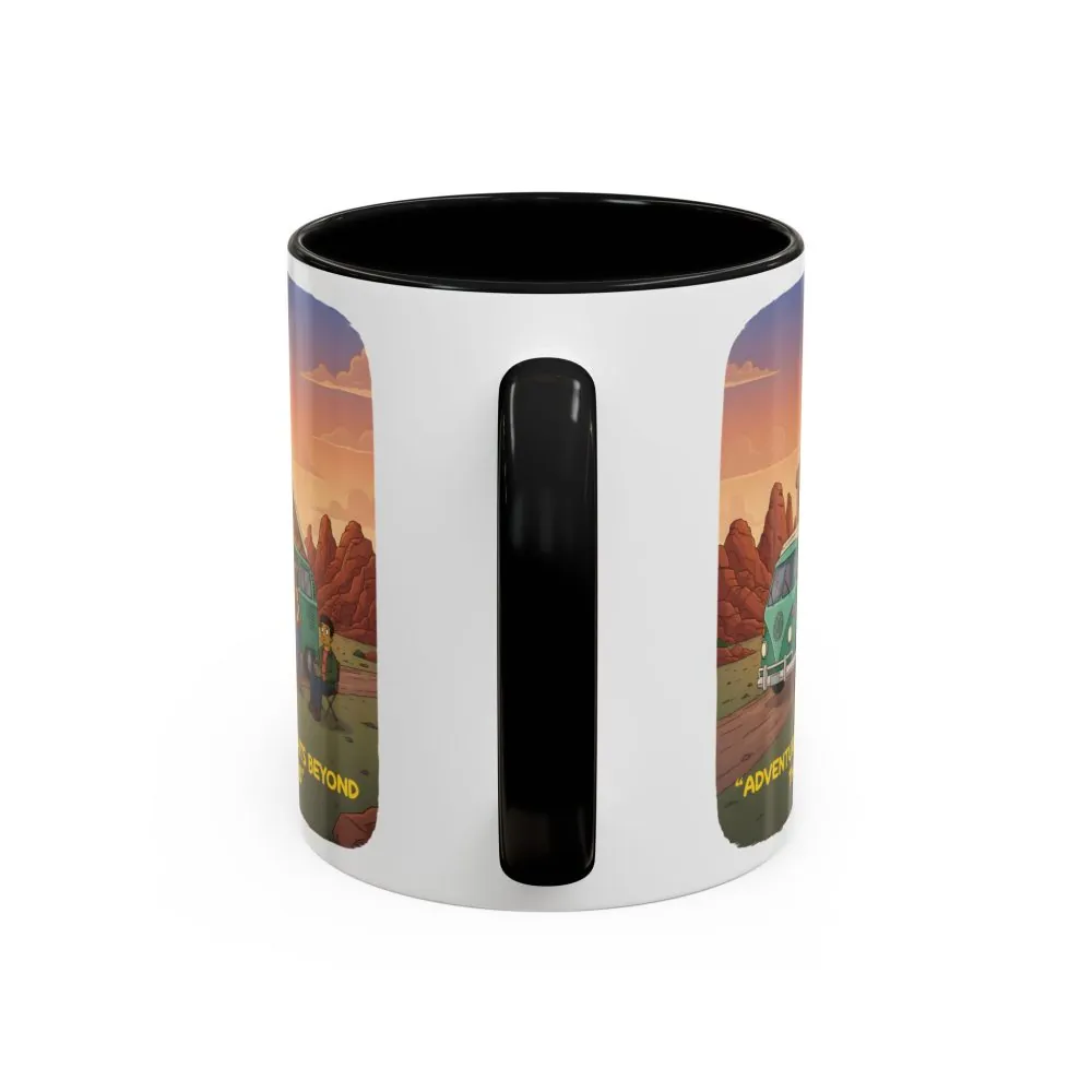 Accent Coffee Mug (11, 15oz) — "Adventure Awaits Beyond The Road" Design Sitcom-Line
