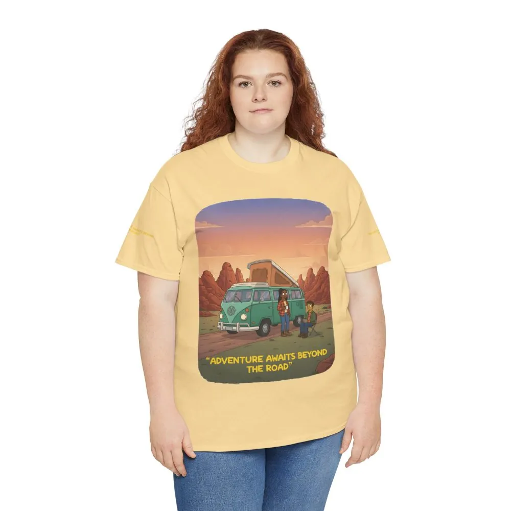 Unisex Heavy Cotton Tee — "Adventure Awaits Beyond The Road" Design Sitcom-Line