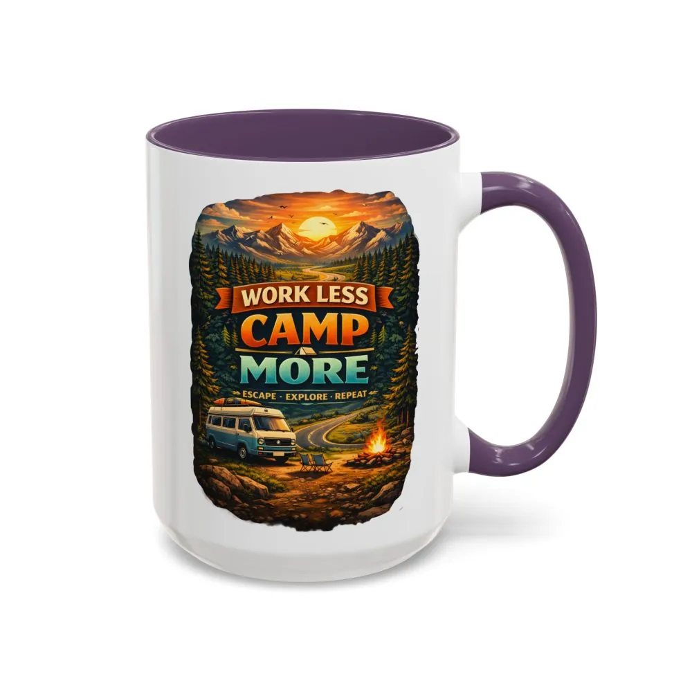 Accent Coffee Mug (11, 15oz) — "Work Less-Camp More" Design Scenic-Line