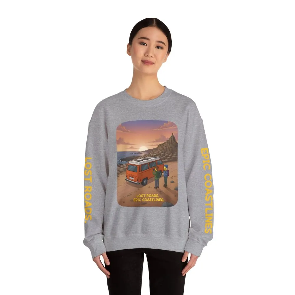 Unisex Heavy Blend™ Crewneck Sweatshirt — "Lost Roads Epic Coastlines" Design Sitcom-Line