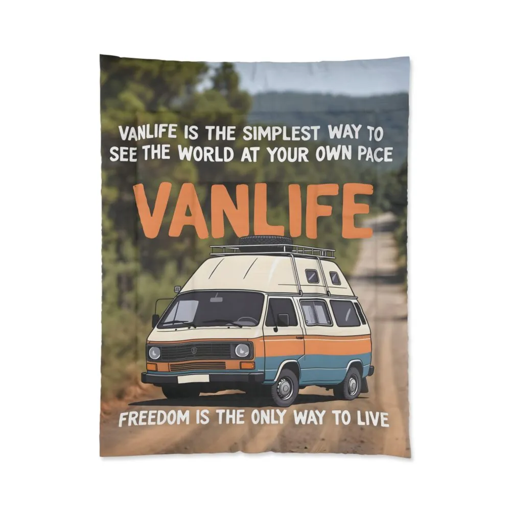 Comforter — "Vanlife freedom is the only way to live" Vintage Camper Van Graphic Comforter