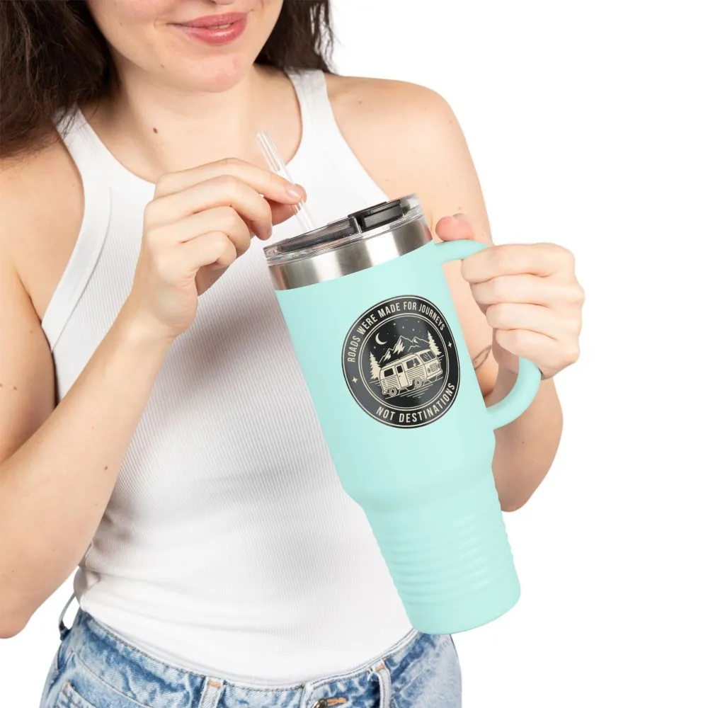 Insulated Travel Mug -'ROAD WHERE MADE FOR JOURNEYS-NOT DESTINATIONS' (40oz ) – Retro Camper Design, Keep Drinks Hot or Cold