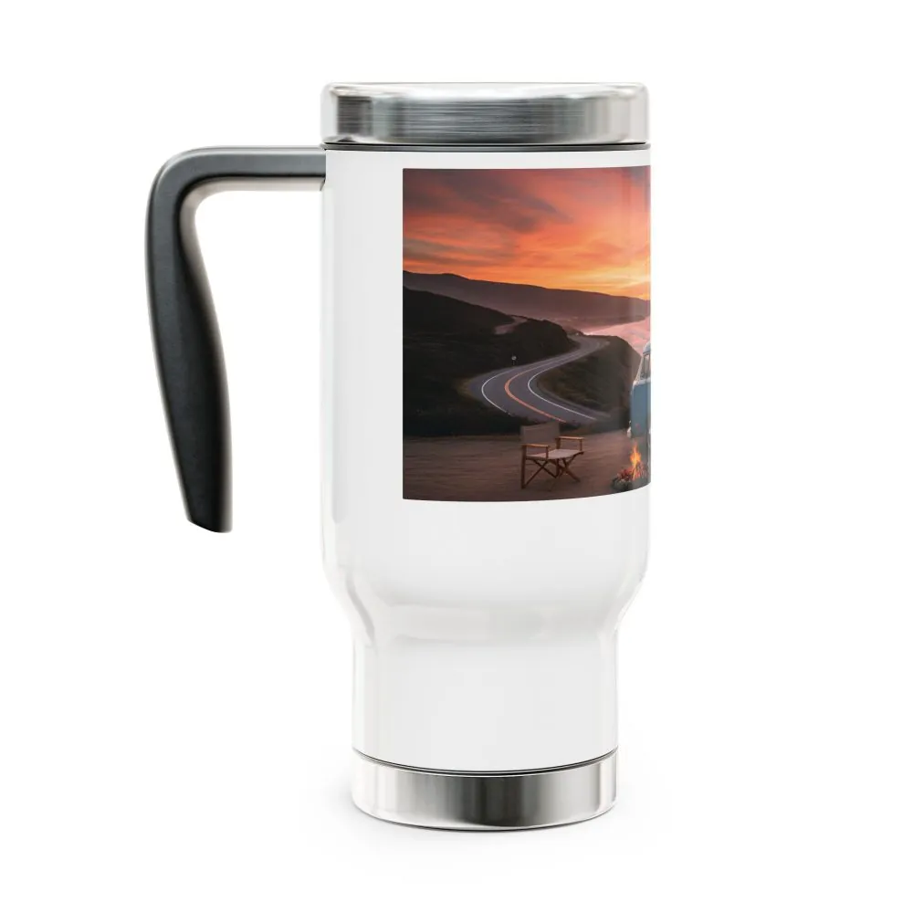 Stainless Steel Travel Mug with Handle, 14oz — "The Road is Life"