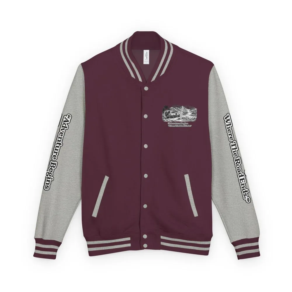 Unisex Heavyweight Letterman Jacket — "Adventure Begins Where The Road Ends" Travel Varsity Coat