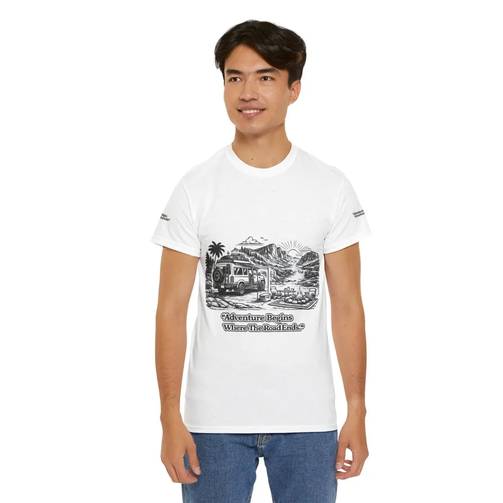 Unisex Heavy Cotton Tee — "Adventure Begins Where The Road Ends" Design Minimal-Line