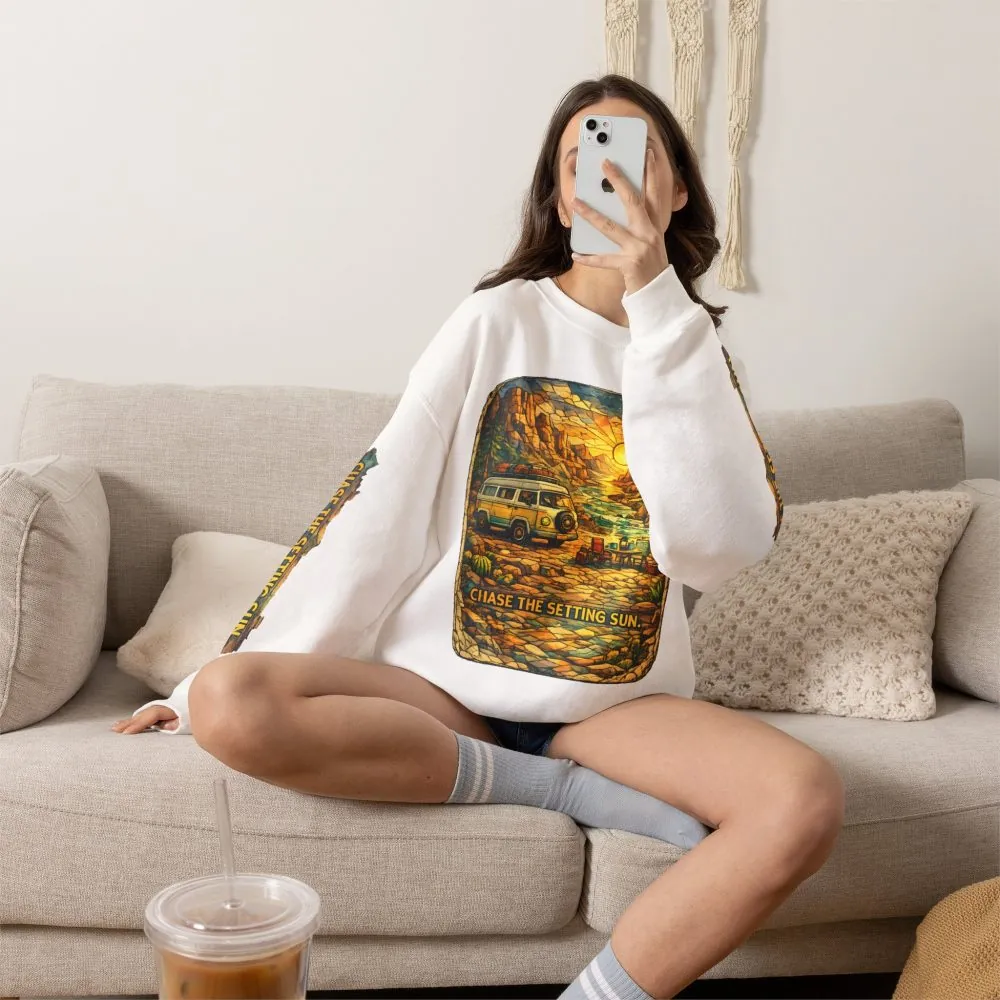 Unisex Heavy Blend™ Crewneck Sweatshirt — "Chase The Settings Sun" Design Cubic-Line
