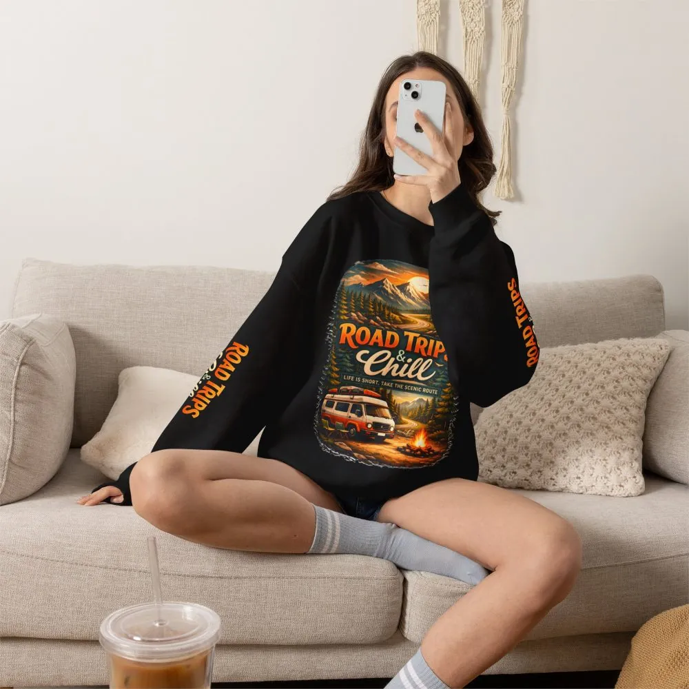 Unisex Heavy Blend™ Crewneck Sweatshirt — "Road Trips & Chill" Design Scenic-Line