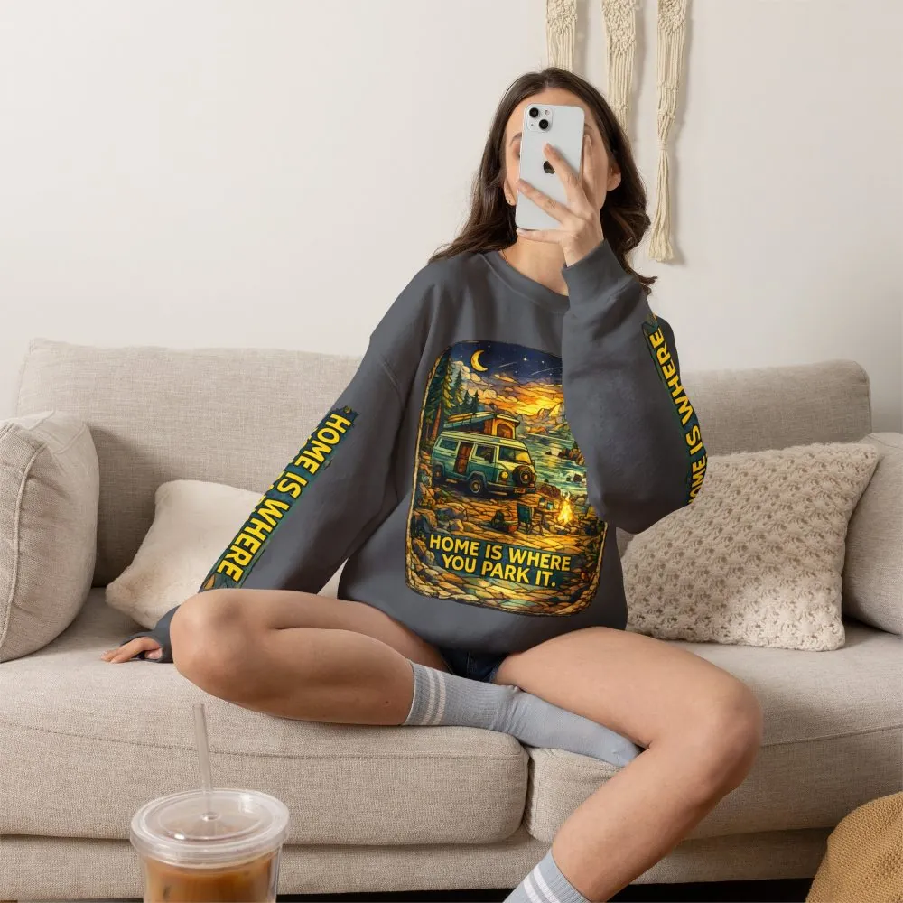 Unisex Heavy Blend™ Crewneck Sweatshirt — "Home Is Where You Park It" Design Cubic-Line