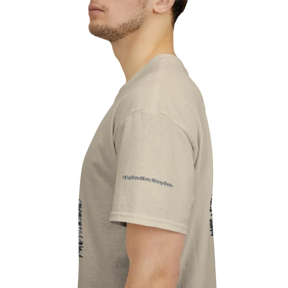 Unisex Heavy Cotton Tee — "Explore More Worry Less" Design Minimal-Line
